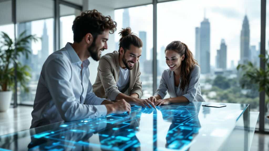 group of three employees strategizing effective teamwork in a futuristic workplace