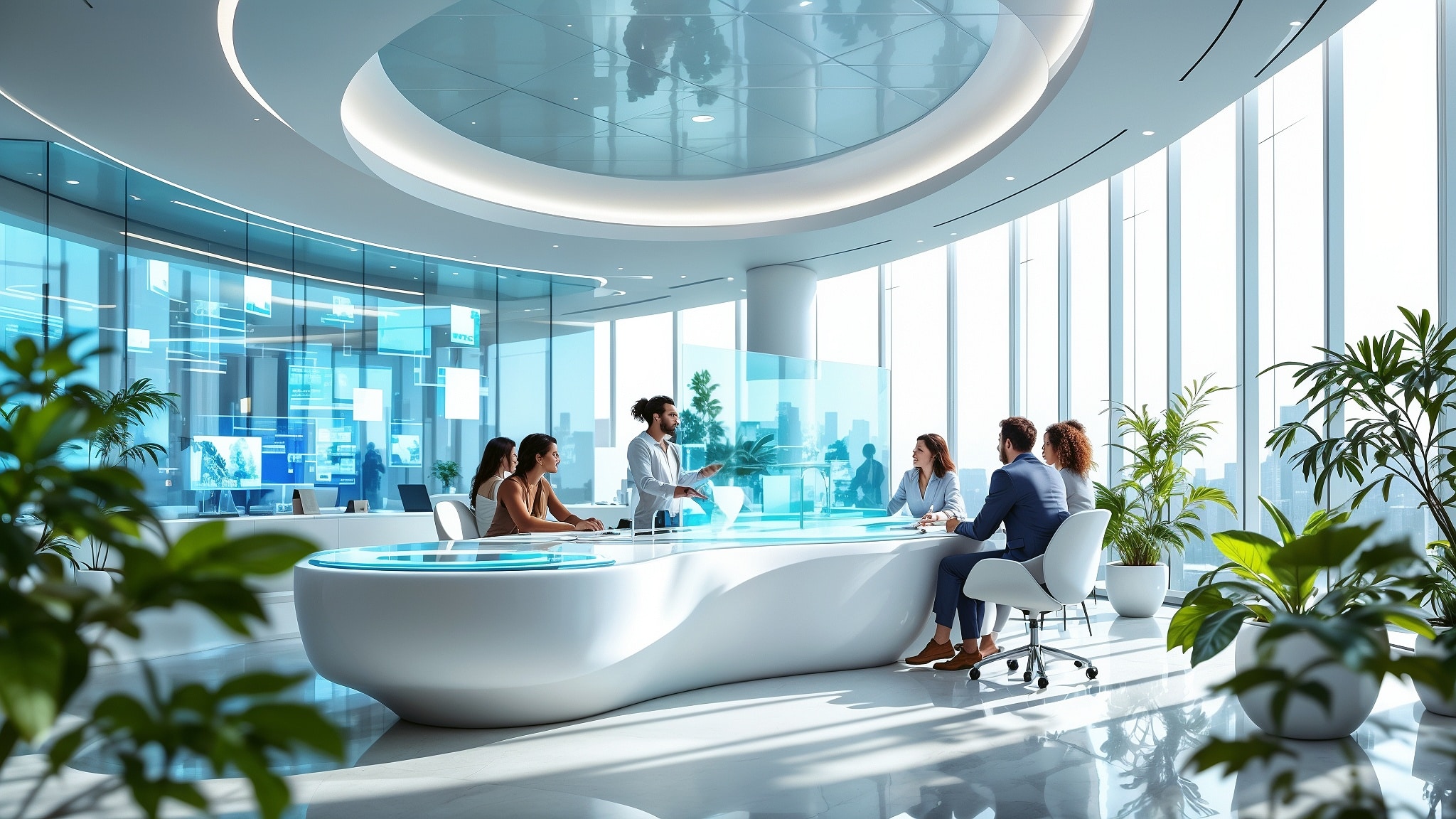 large team working together in a futuristic utopian workplace with large windows
