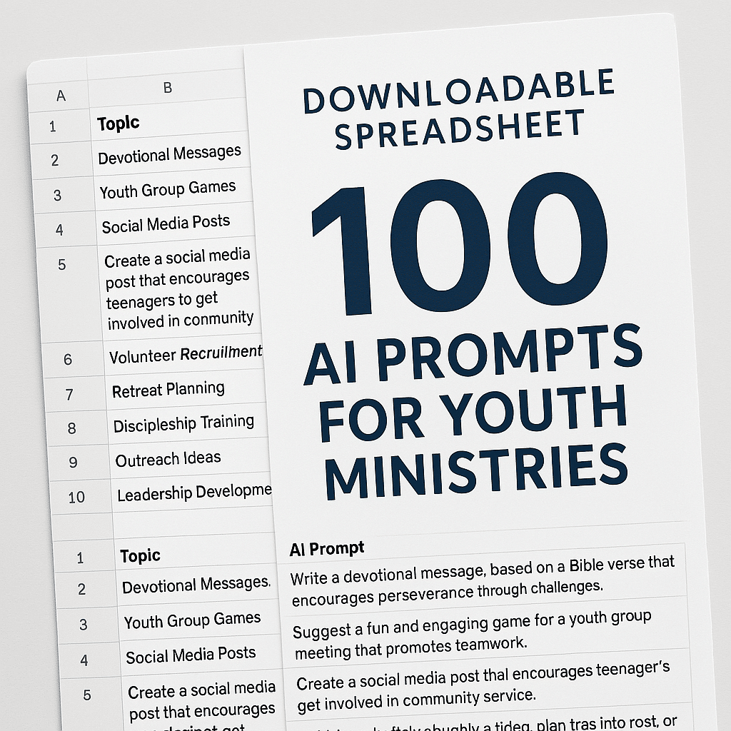 spreadsheet with banner that says 100 ai prompts for youth ministries