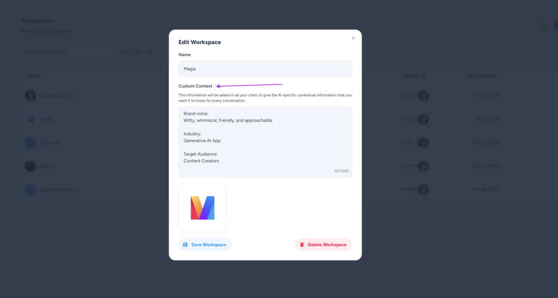 Magai updates to Workspaces showing Custom Context input