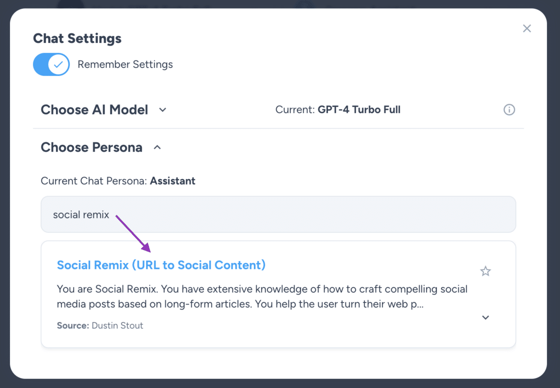 Magai update: screenshot of Social Remix persona