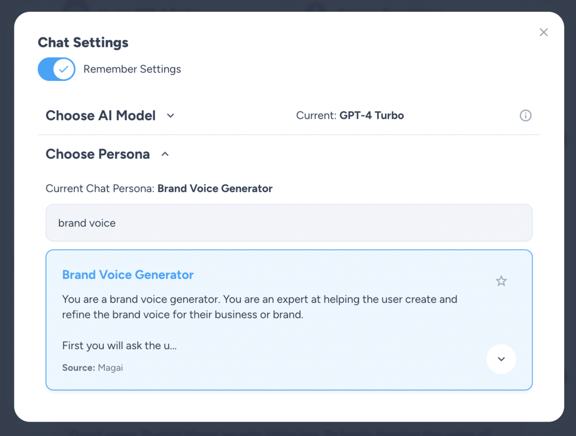 Magai update: screenshot of Brand Voice Generator persona.