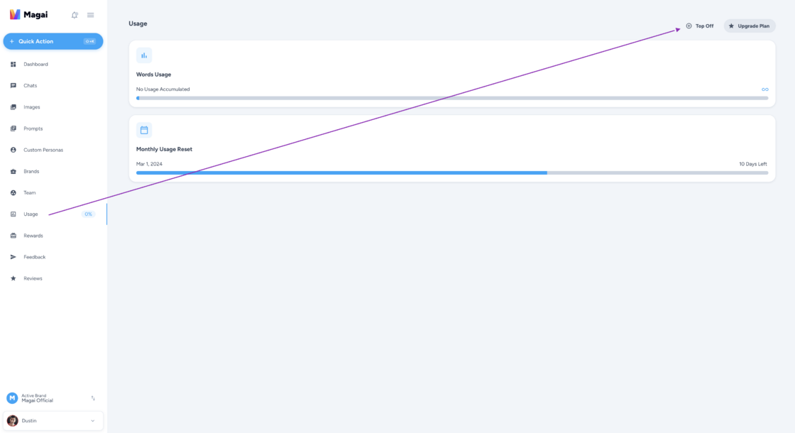 Magai Usage page showing new "Top Up" button