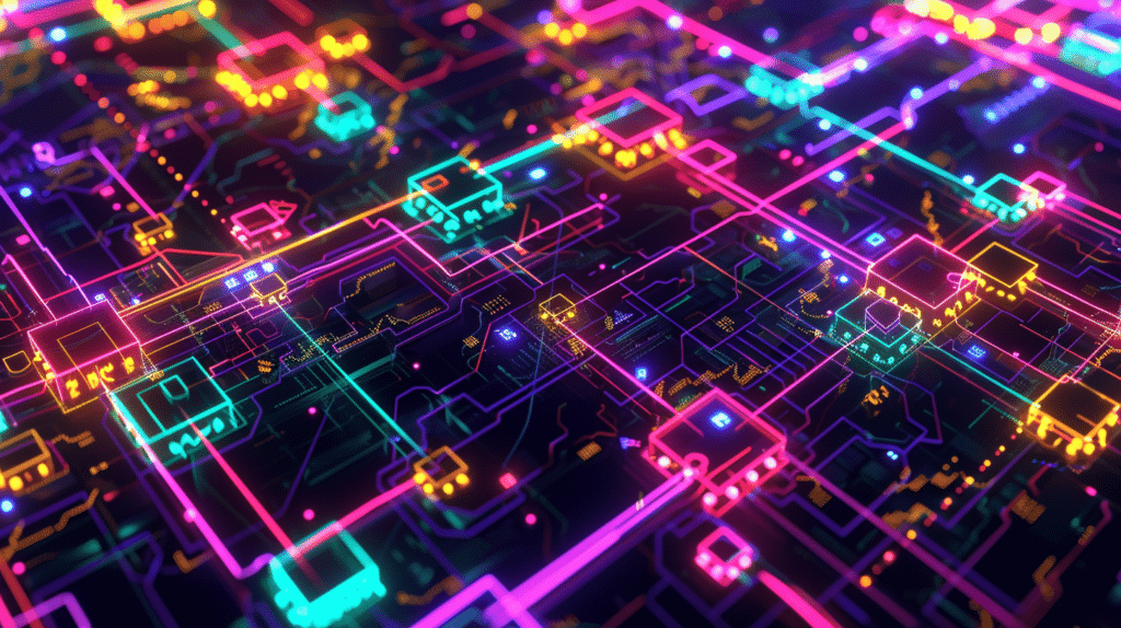 abstract visualization of a network of interconnected lights and nodes. vibrant glowing pink, purple, yellow, and turquoise