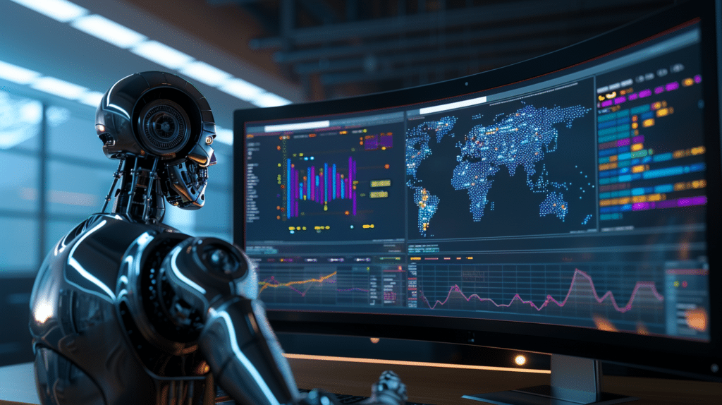 shiny ai robot looking at a large curved monitor that contains many data visualizations
