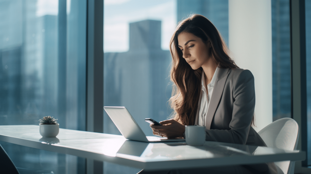 a business woman using AI tools for social media at a minimal and modern desk with a city skyline visible through large glass windows in the background