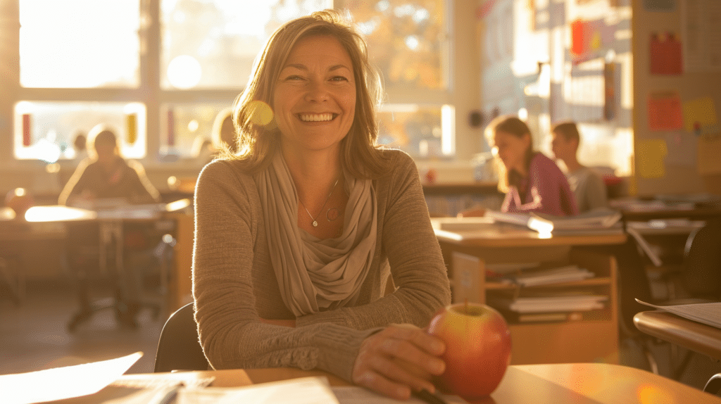smiling teacher sitting in her classroom after using ai prompts for teachers