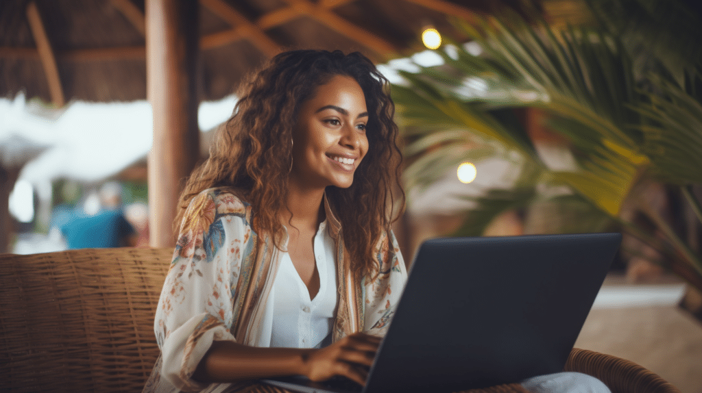 a young woman sitting under a tropical canopy using ai for blog content creation