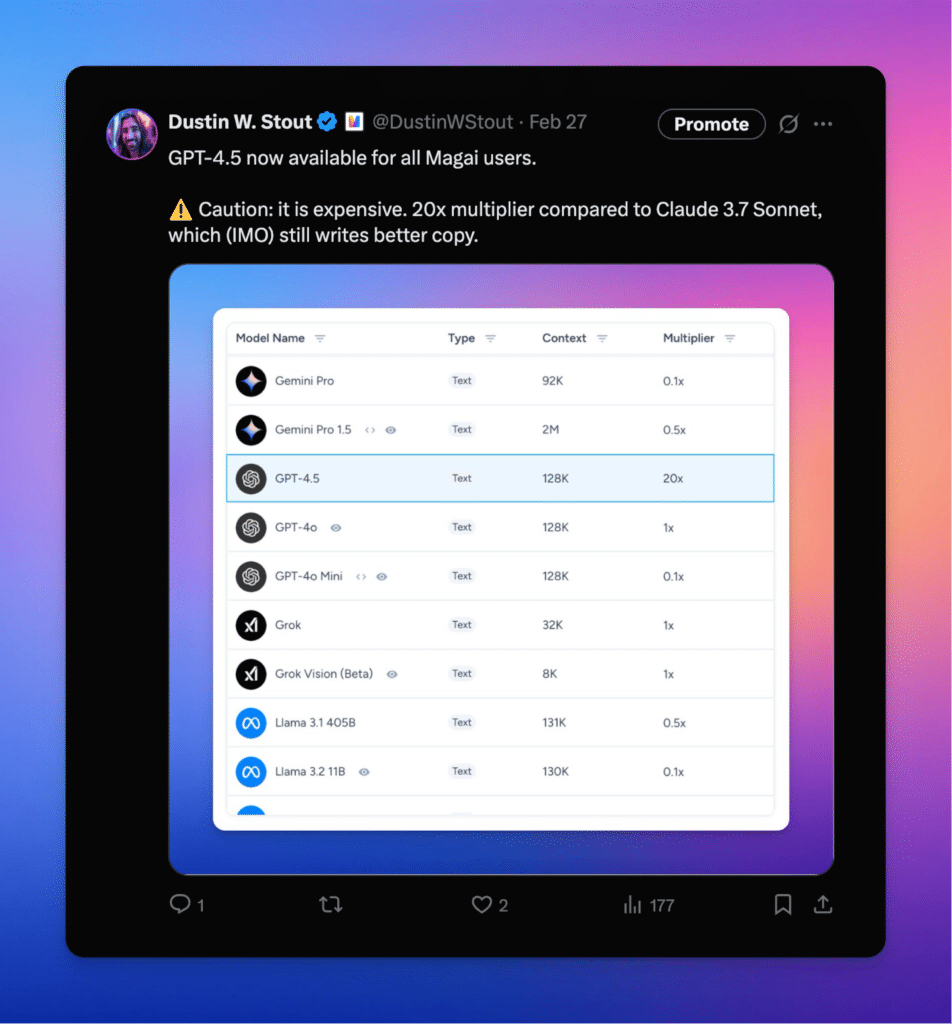 screenshot of a tweet from Dustin W. Stout saying that Magai users now have access to gpt-4.5