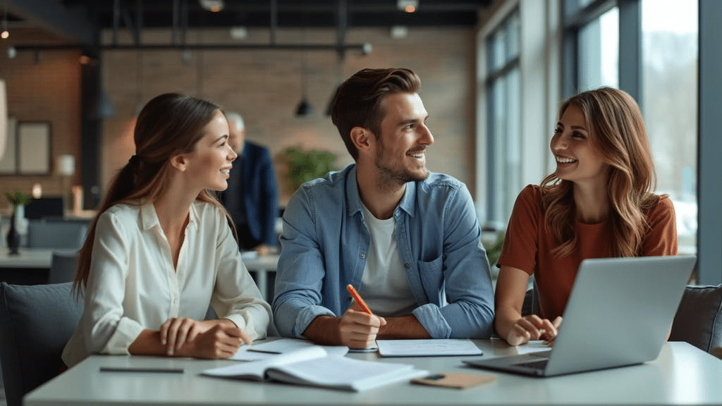 two women and a man sitting at an office table communicating effectively