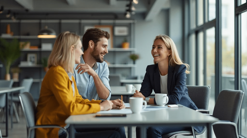 a man and two women sitting in a modern office space communicating effectively
