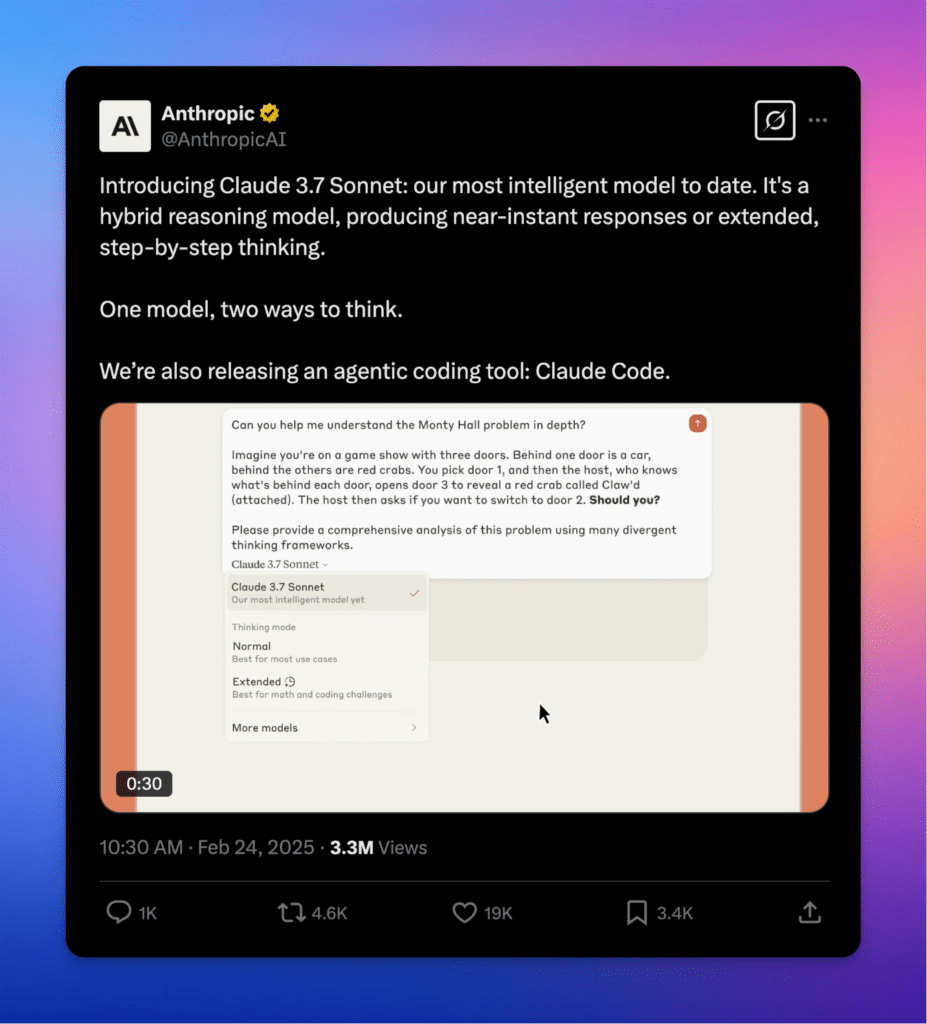 screenshot of a tweet from Anthropic introducing Claude 3.7 sonnet