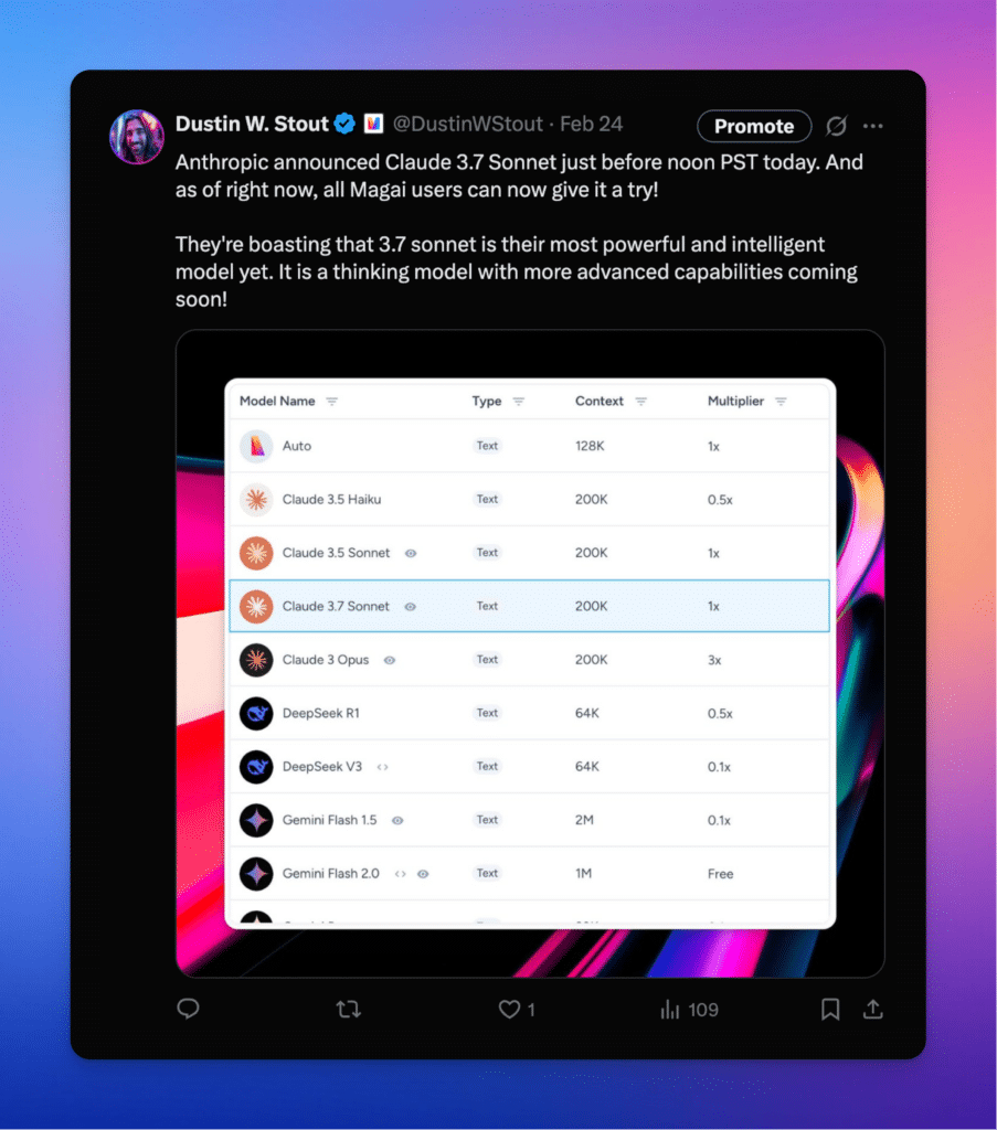 screenshot of a tweet from Dustin W. Stout announcing all Magai users have access to Claude 3.7 Sonnet