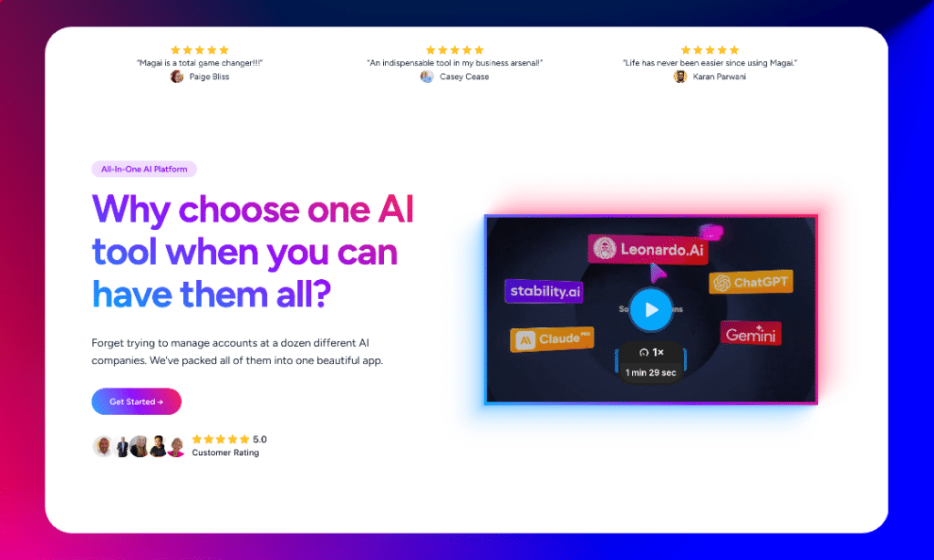 a screenshot of Magai homepage with prominent user reviews and a much better looking design
