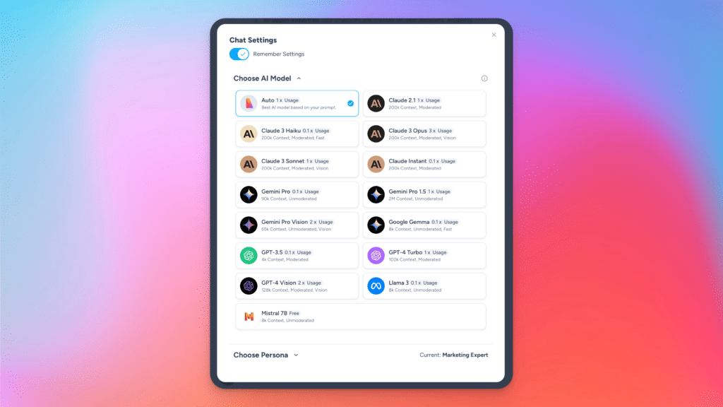 screenshot of Magai app AI chatbot options.