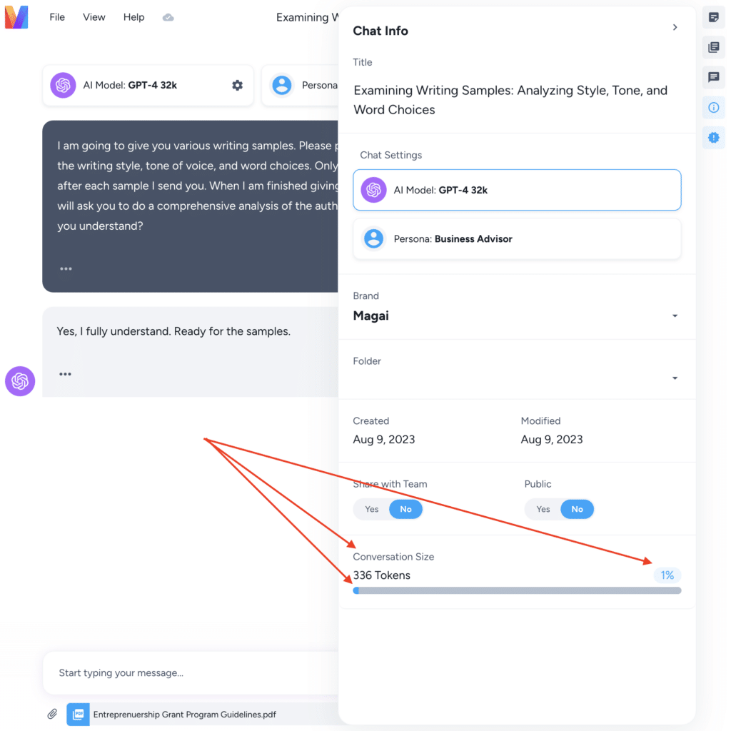screenshot of the Magai interface: chat info popout sidebar showing chat conversation size