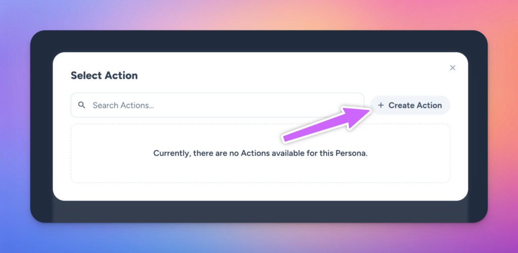 screenshot showing the Magai interface to select an action, highlighting the "create action" button