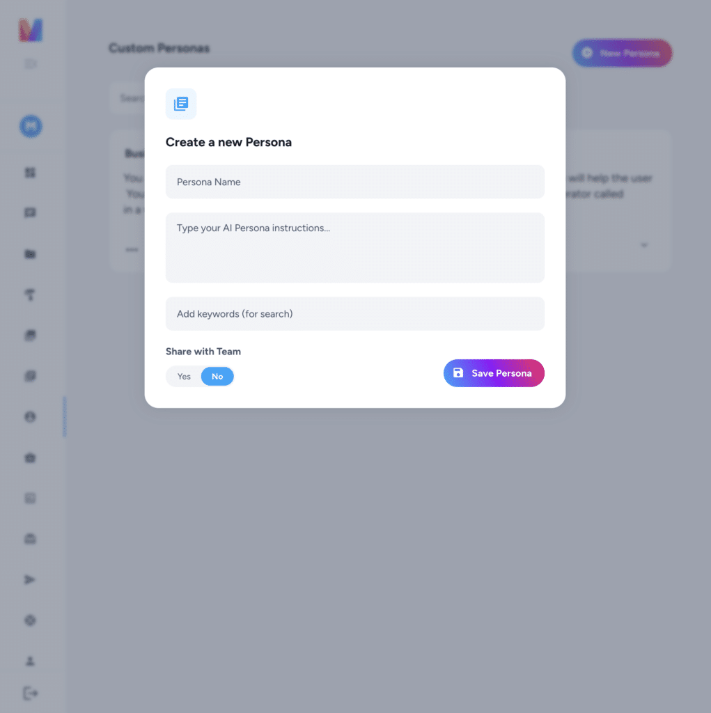 screenshot of the Magai interface: filling out Custom Persona info