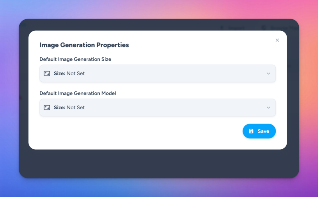 screenshot of the Magai interface popup that allows users to set Image Generation Size and Model defaults