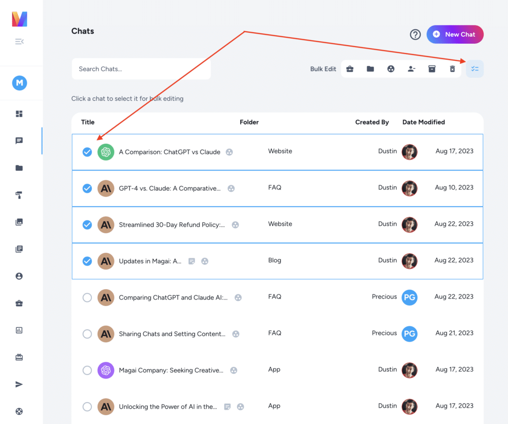 screenshot of Magai's multi-select feature