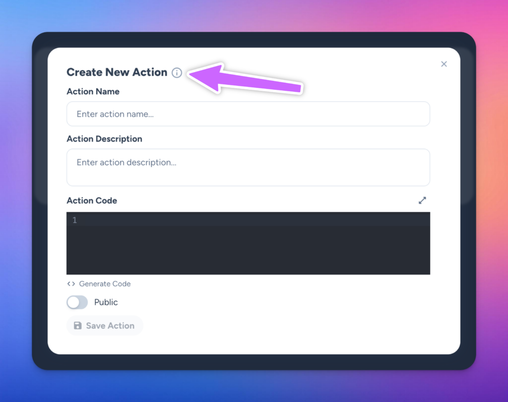 screenshot of the Magai interface showing the UI for creating a new action highlighting the Info icon