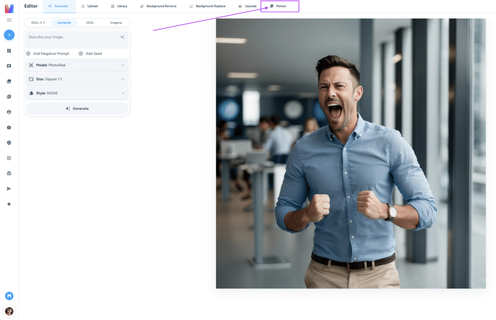 magai editor showing an arrow to new motion option