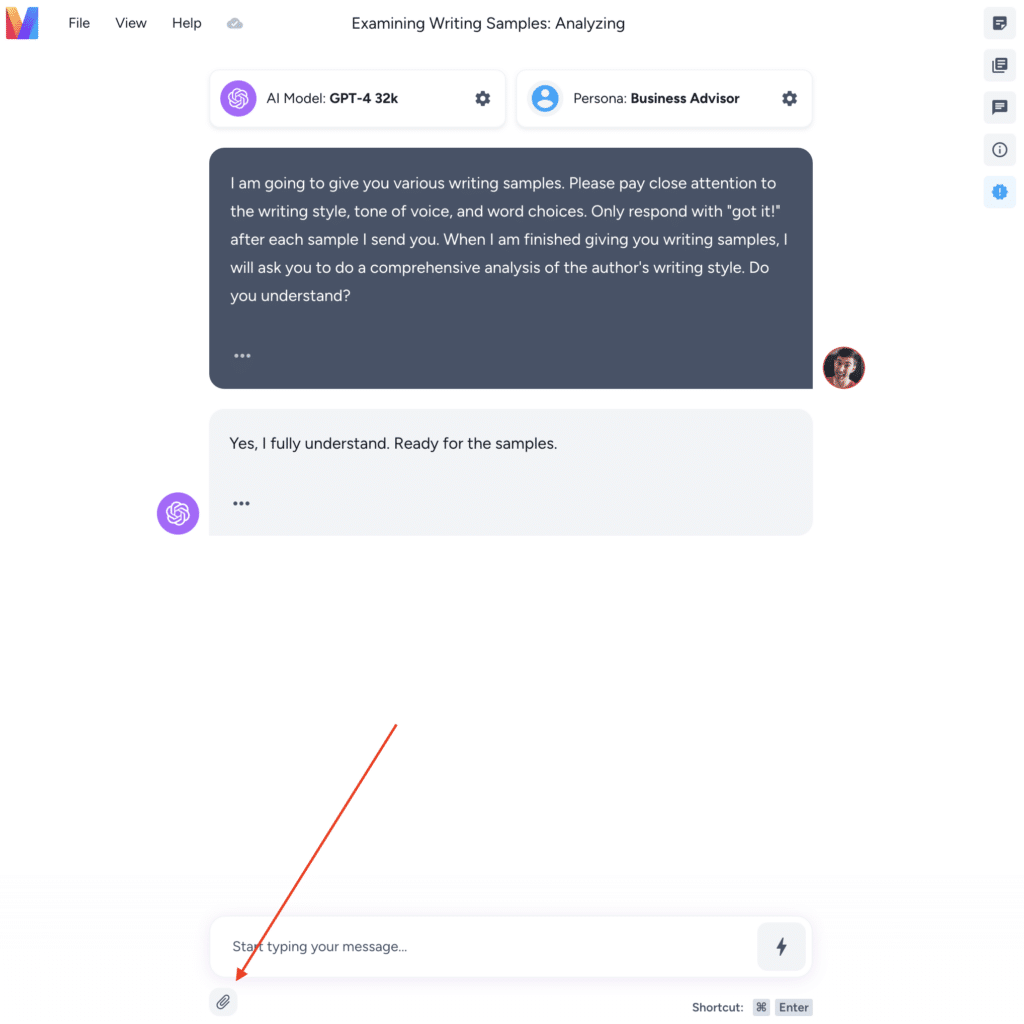 screenshot of the Magai interface: arrow pointing to the paperclip icon in the chat screen