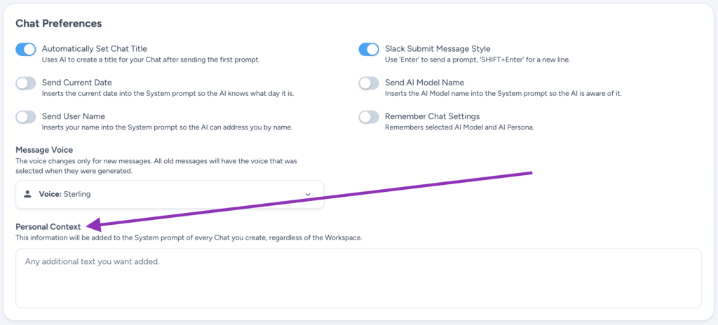screenshot of Magai's Personal Context setting in the Account Settings page
