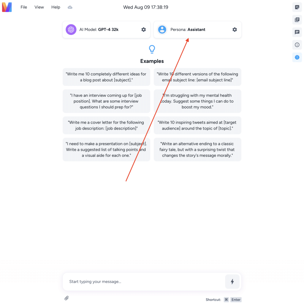 screenshot of the Magai interface: changing the default persona