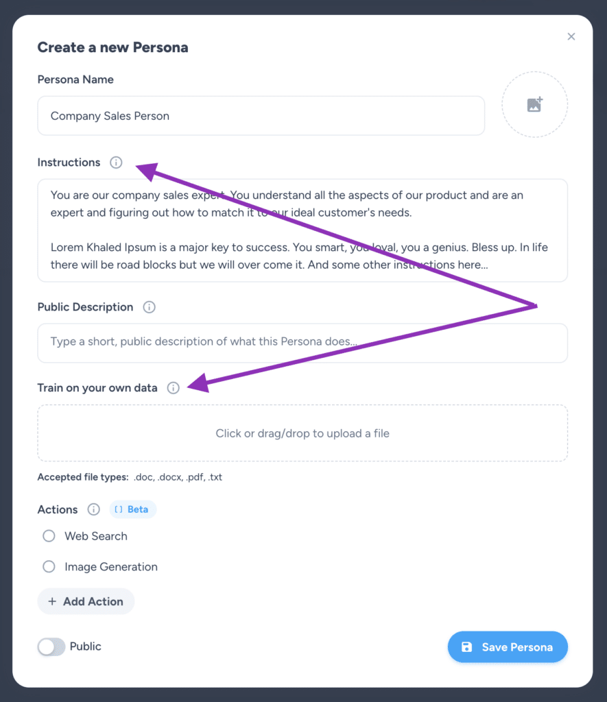 screenshot of Magai's Persona Instructions and Custom Knowledge upload features