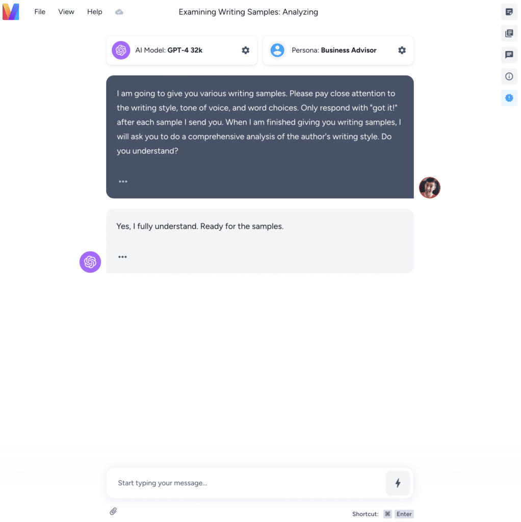 screenshot of the Magai interface: chat screen with human + ai messages showing the aforementioned prompt
