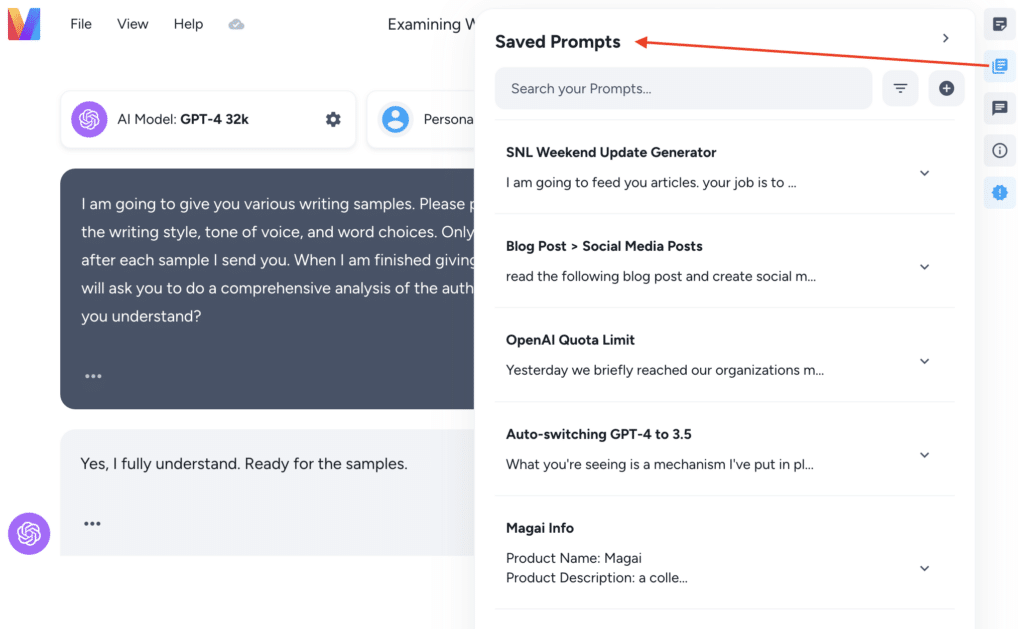 screenshot of the Magai interface: Saved Prompts list in popout sidebar