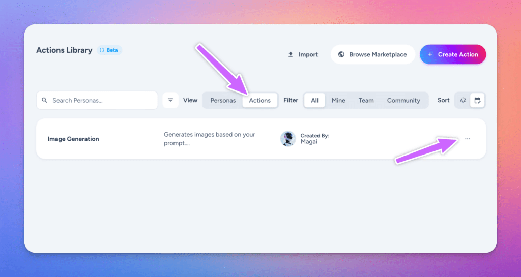screenshot of the Magai Personas page highlighting selecting the Actions filter and the context menu button
