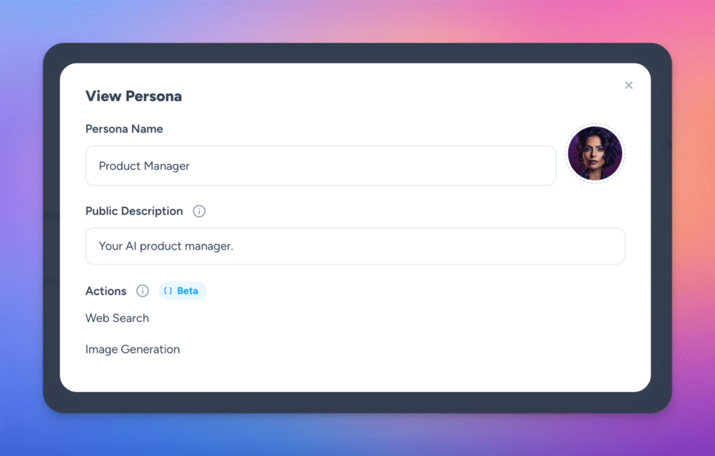 screenshot of the Magai product update interface showing what a shared persona looks like in edit mode to someone who has installed it (not the creator)