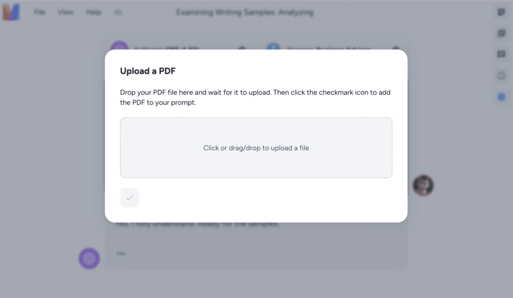 screenshot of the Magai interface: upload PDF popup window