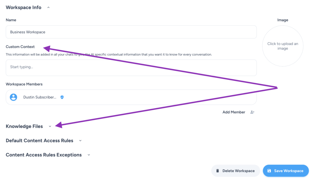 screenshot of Magai's Workspace Custom Context and Knowledge file upload features