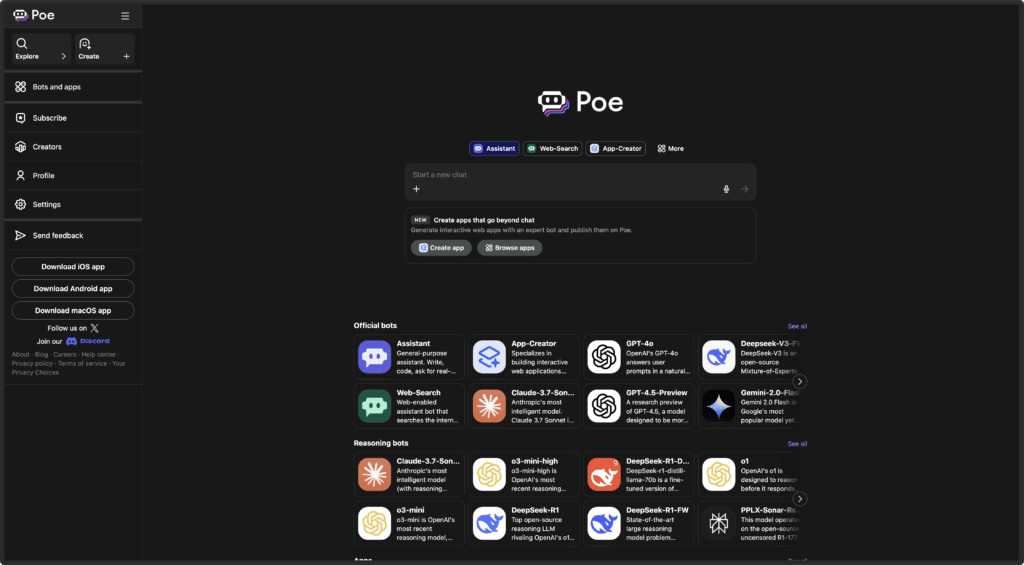 screenshot of Poe's chat start page
