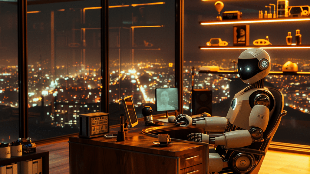 white robot sitting at a desk in a corner office. golden glow in the room, backdrop of a city visible through full height glass windows