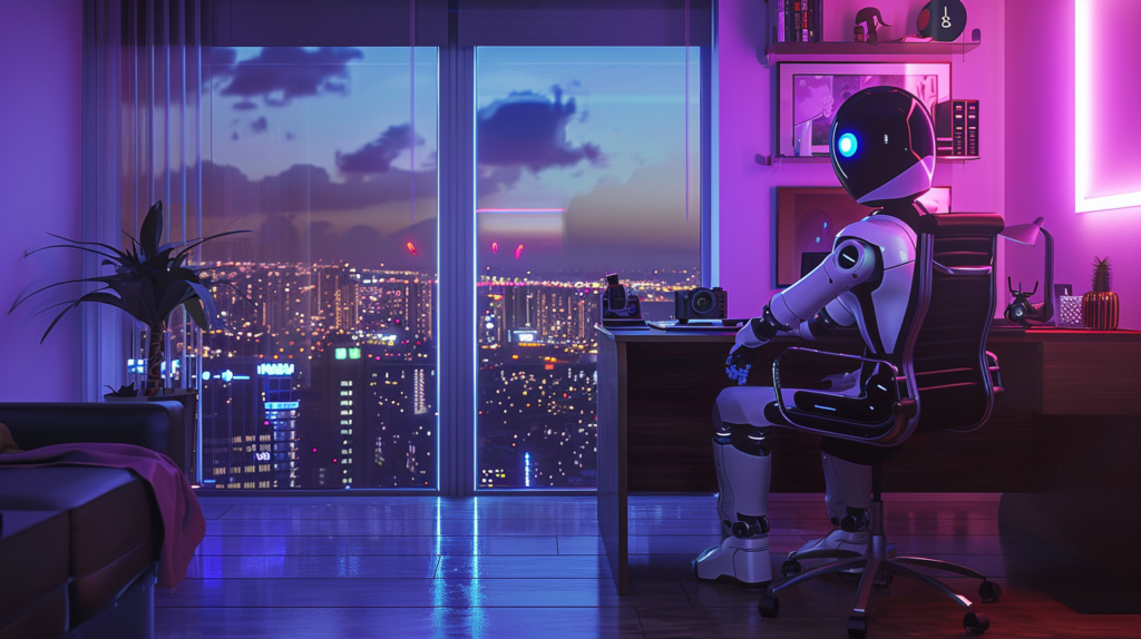 friendly ai robot sitting at a desk, blogging. purple neon glow with cityscape visible through a large window in the background