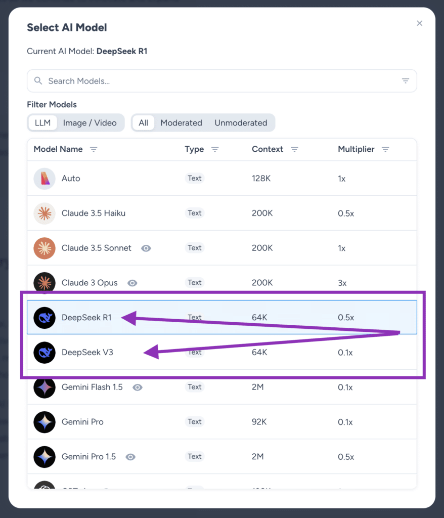 screenshot of Magai's various LLM models highlighting new DeepSeek R1 and V3