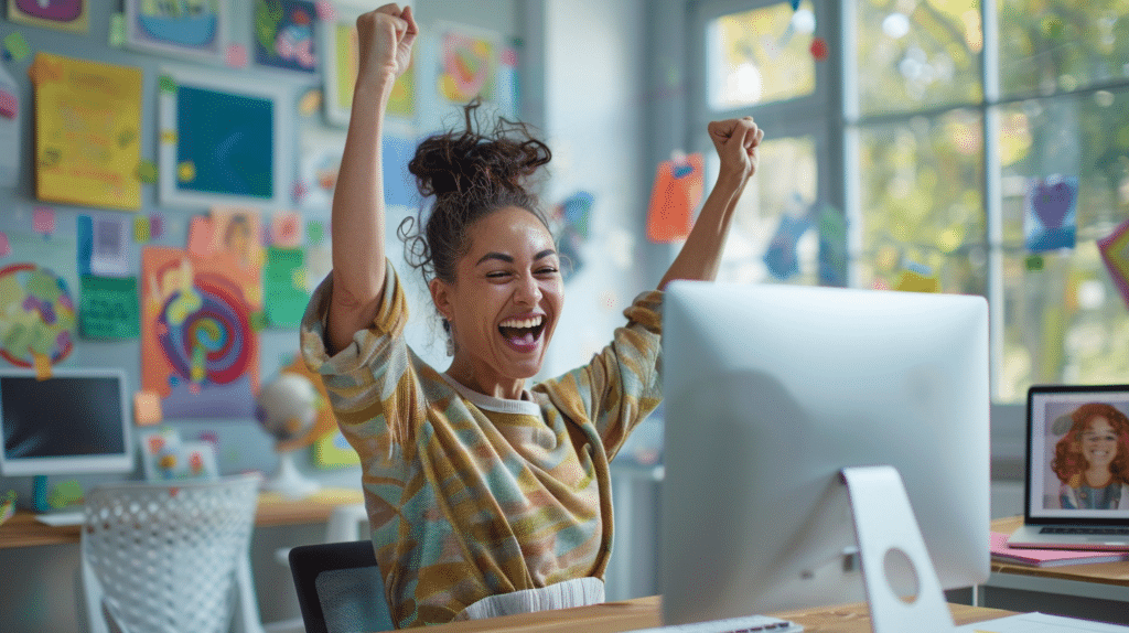 ethnic female teacher sitting in a classroom in front of a desktop computer raising her hands in victory