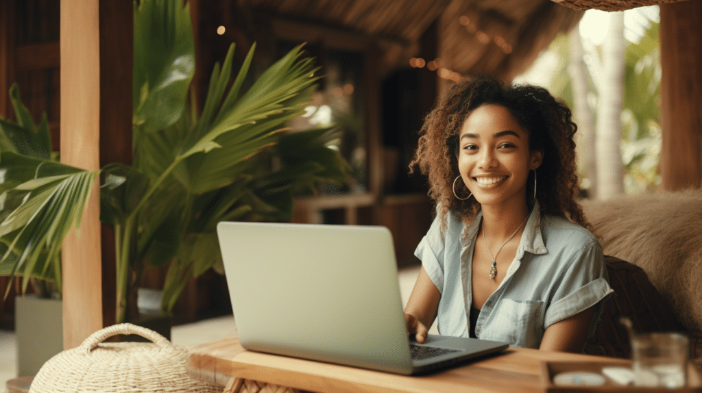 a young woman smiles at the camera as she sits with a laptop in what appears to be a tropical outdoor patio.
