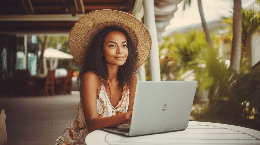 a young woman looks off into the distance as she sits contently after having used ai for her blog content creation.