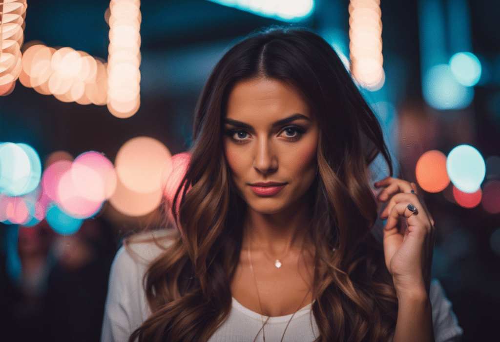 a woman with brown hair twirling her hair looking directly at the camera