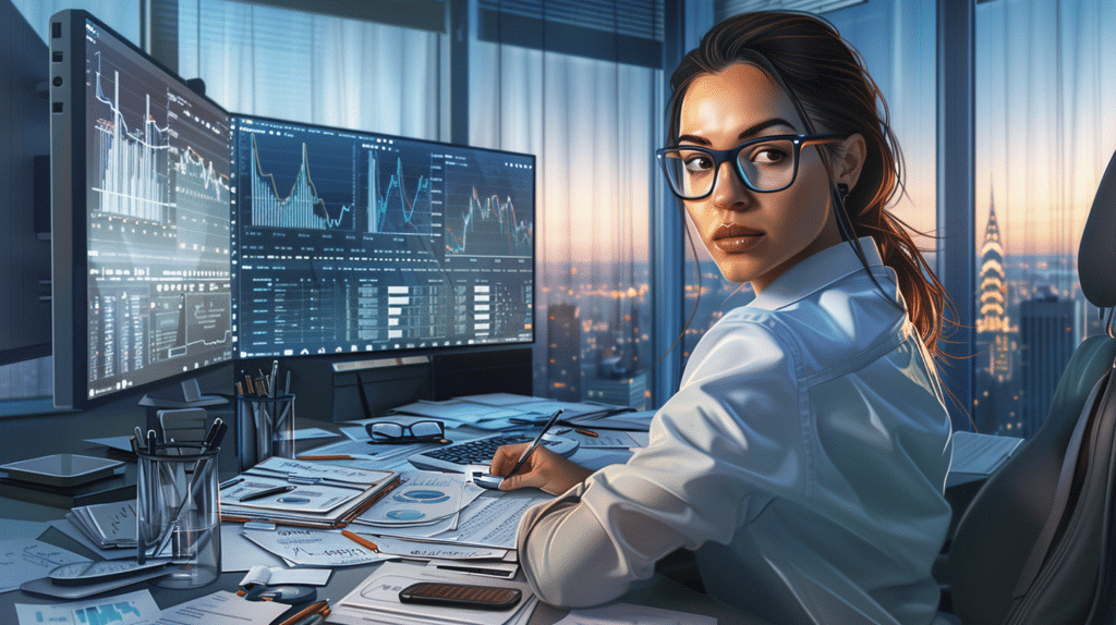 young woman sitting at a desk in a corner office. many papers scattered across the desk and two monitors showing data visualization