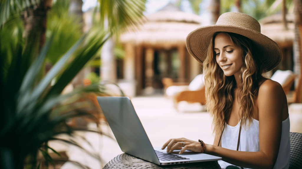 a young woman in a sun hat sitting outside at a tropical resort using AI for blog content creation on her laptop