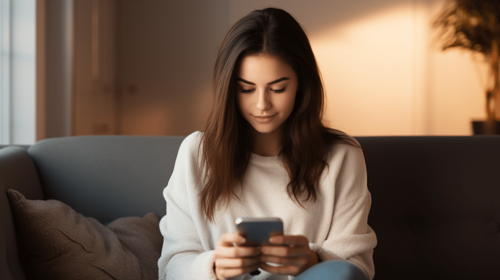 a young woman looking at her smartphone considering the ethical considerations of using ai tools for social media
