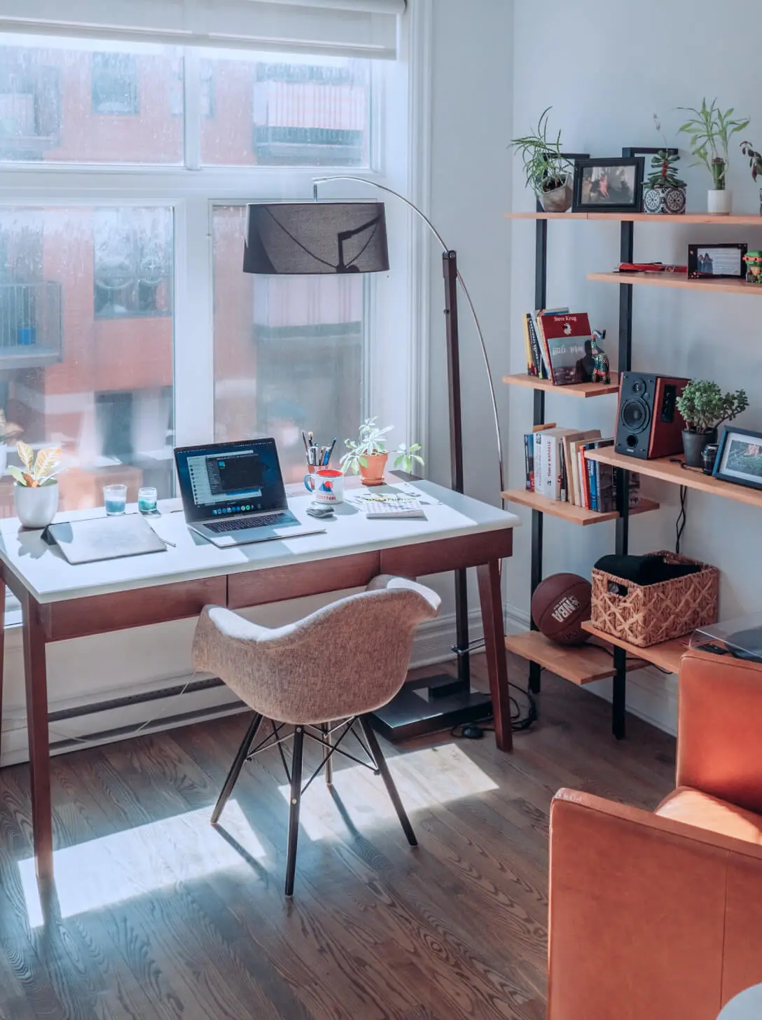 photo of a home office space with a simple desk setup